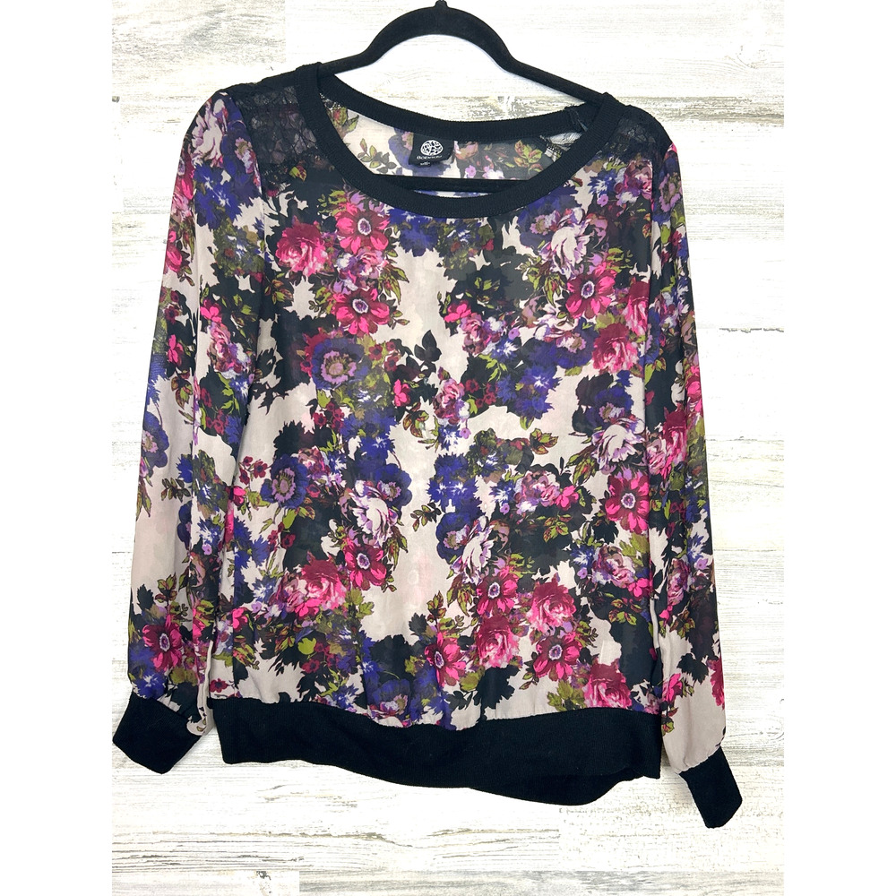 Bobeau Womens M Purple Floral Sheer Lace Blouse Feminine Knit Top Casual